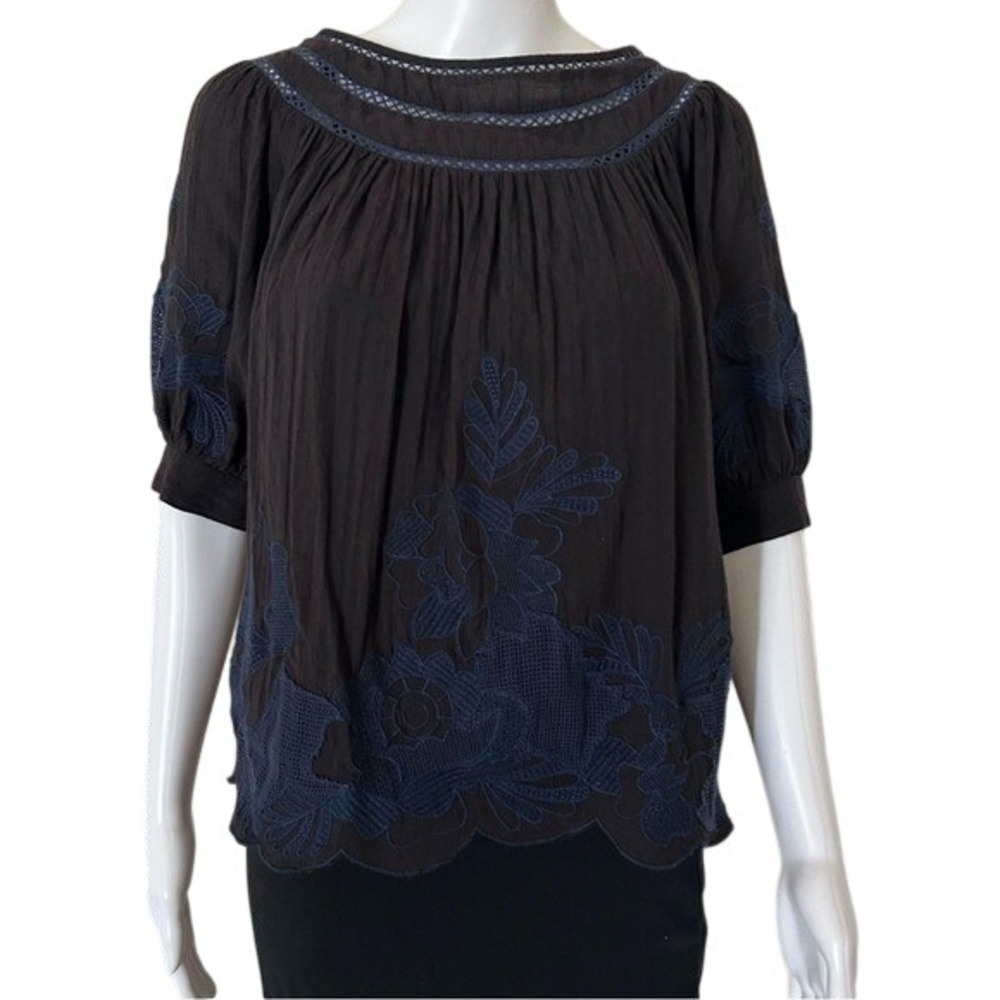 Anthropologie Black Navy Salma Embroidered Lined Peasant Blouse Size 4 P